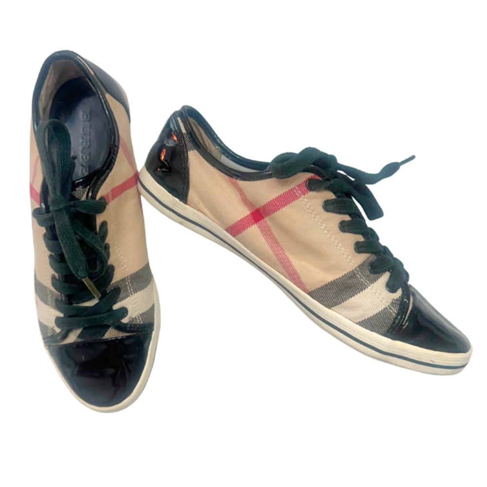 Burberry Beige/Black Novacheck Canvas and Patent Leather Cap Low Top Sneakers